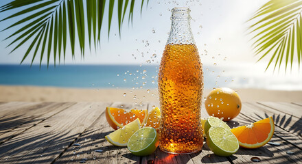 Refreshing Summer Drink Cold Bottle with Citrus Fruit at Beach