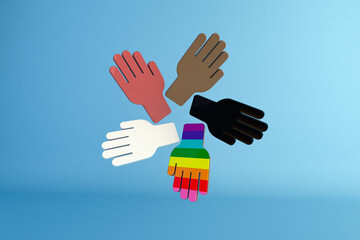 Obraz premium 3D Illustration of diverse hands symbolizing inclusion, unity, equality, and teamwork.