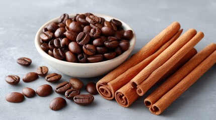 Styled Flat Lay Of Roasted Coffee Beans With Cinnamon Sticks On A Textured Grey Surface