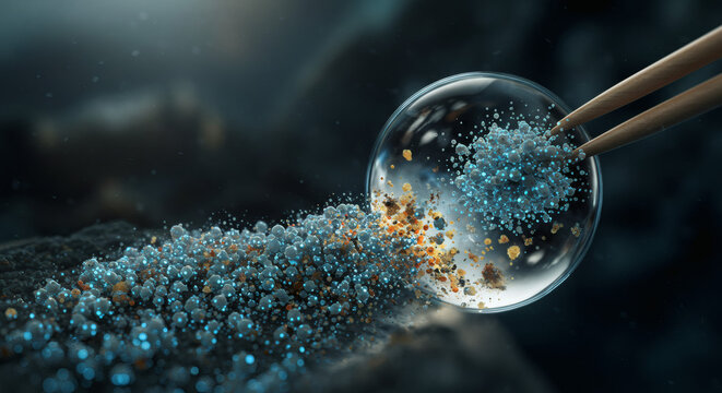 Abstract visualization of cellular genesis, with futuristic chopsticks holding a sphere of interacting molecules against a dark, dramatic background