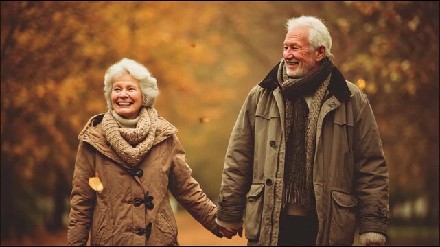 Enduring love: Happy senior couple walking hand in hand through the beautiful golden colors of autumn.