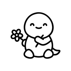 Cute cartoon character sitting and holding a flower