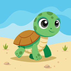 Cute cartoon turtle walking on the beach with a blue sky background