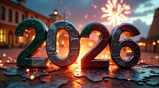 Happy New Year 2026! Fireworks burst over a global map, celebrating the coming year across the world, from China to Hong Kong. - Powered by Adobe