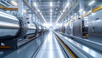 Fototapeta premium Industrial Manufacturing Facility With Large Shiny Metal Cylinders On A Conveyor Belt Under Bright Overhead Lights Creating A Long Perspective View Of Production Equipment And Shiny Metal Surfaces