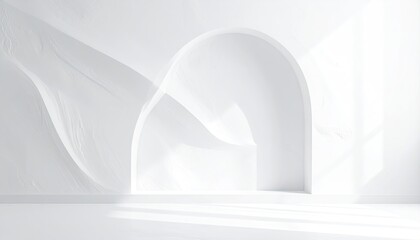 Minimalist white architectural archway with textured walls casting shadows on the floor illuminated by natural sunlight creating a serene abstract background for concepts of hope and aspiration