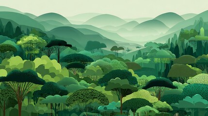 Flat vector illustration of Amazon jungle canopy, lush green layers, tropical flat color palette, clean vector poster made with Ai 1