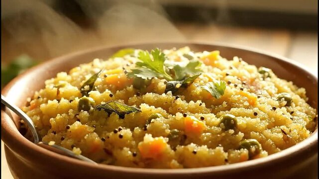 Steaming Upma Bowl with Peas and Carrots Close Up