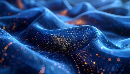 Digital Waveform: A mesmerizing digital rendering of a flowing waveform, rendered in gradients of blue and accented with subtle points of light, creating a dynamic visual of technological energy.