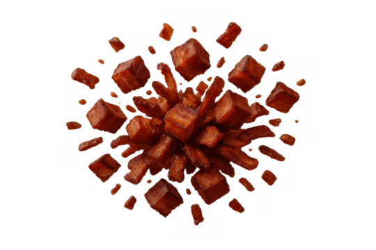 Crispy bacon bits and diced savory pork exploding, flying, and scattering in dynamic motion on transparent background