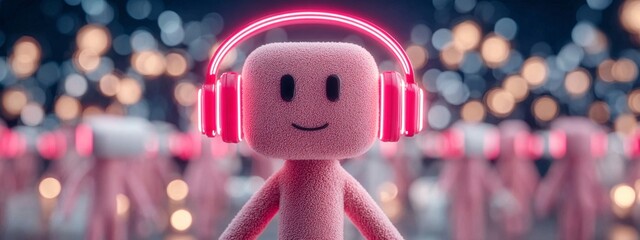 Naklejka premium a cute pink cartoon character wearing large pink headphones, set against a blurred background of lights