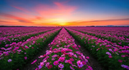 Obraz premium Vast field of vibrant pink flowers stretching towards a breathtaking sunset sky
