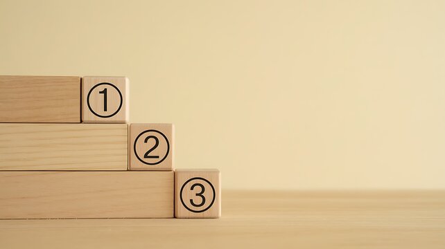 Wooden blocks arranged in a staircase formation with numbers 1, 2, and 3, representing stages of a process, a concept