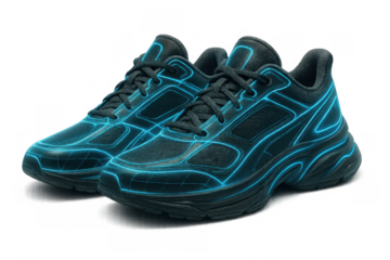 Pair of black athletic sneakers with glowing blue neon outlines on a transparent background, representing futuristic digital design