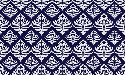 Fototapeta premium Dark blue watercolor damask pattern featuring elegant floral and leaf motifs in deep navy and muted blue tones. this luxurious design is perfect for textile prints, wallpaper, or modern vintage decor 