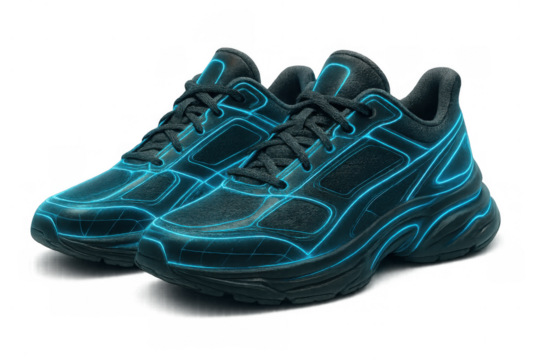Pair of black athletic sneakers with glowing blue neon outlines on a transparent background, representing futuristic digital design