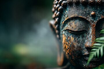 a close-up of a bronze statue with a serene expression, surrounded by greenery