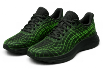 Pair of black and green athletic shoes featuring a futuristic grid pattern, representing sport, fashion, and technology, on transparent background