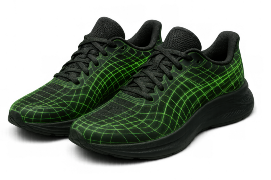 Pair of black and green athletic shoes featuring a futuristic grid pattern, representing sport, fashion, and technology, on transparent background