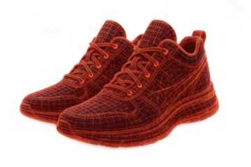 Red wireframe sneakers showing digital footwear design and virtual fashion technology on transparent background