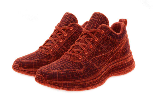 Red wireframe sneakers showing digital footwear design and virtual fashion technology on transparent background