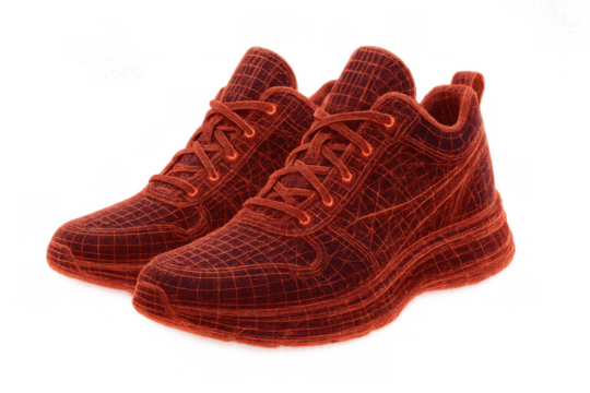 Red wireframe sneakers showing digital footwear design and virtual fashion technology on transparent background
