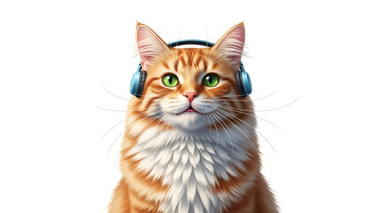 Cute orange and white cat wearing black headphones, looking calm as if enjoying music on a clean white background.