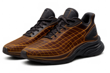 Pair of modern brown and black athletic sneakers with an orange grid pattern, offering style and comfort on transparent background