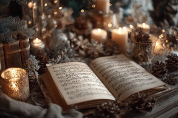Open book of Christmas songs on a festive table