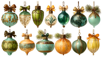 Vintage festive ornament collection with glass baubles, bows, and evergreen twigs isolated on white background