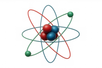 Atom model visualizing nucleus with protons and neutrons, electrons orbiting in scientific diagram depicting quantum physics