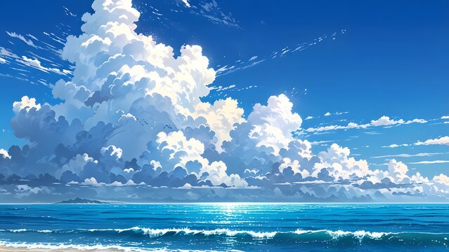 Anime style panoramic seascape with a vast blue sky filled with fluffy white clouds over a tranquil ocean shore