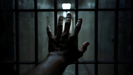 監獄で手を伸ばす囚人