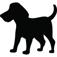 Black silhouette of a dog standing with its tail up and ears flopped down on a transparent background