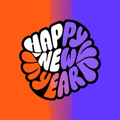 Groovy retro style happy new year lettering in bold colorful wavy font on split background
