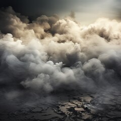 Overwhelming Thick Smoke and Mist Blanketing a Cracked, Dry, and Desolate Ground with an Ominous Gloomy Sky and Dramatic Lighting