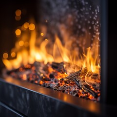 Close-up of a modern fireplace with vibrant orange and yellow flames dancing over burning logs and glowing embers, creating a warm and cozy atmosphere