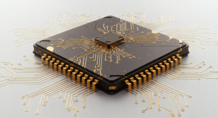 Advanced microchip with intricate golden circuitry, representing cutting-edge technological innovation, artificial intelligence, and digital computing capabilities for modern systems