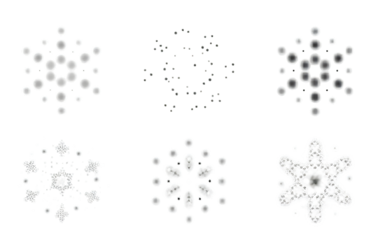 Collection of six unique snowflake designs with intricate crystalline patterns isolated on transparent background