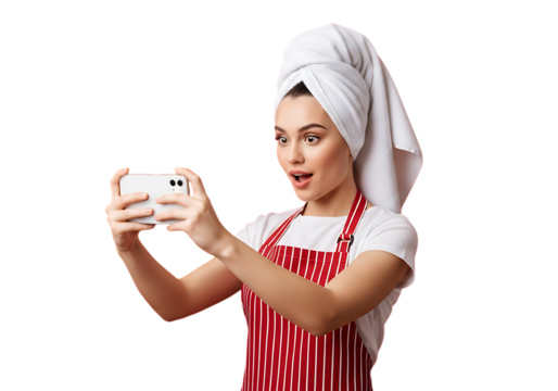 Surprised woman in towel and apron taking selfie with phone isolated on transparent background