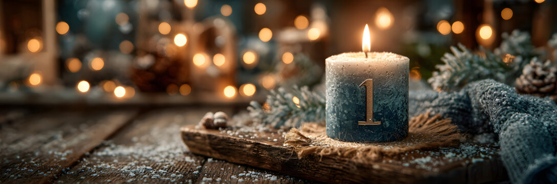 Erster Advent schnee panorama Kerze mit Zahl dekoriert weihnachten Aventszeit holz hintergrund lichter bokeh / first sunday advent