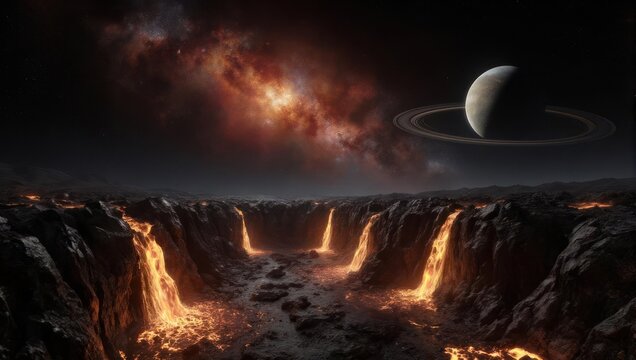 Alien Planet Landscape with Lava Flows and Ringed Planet in Space.