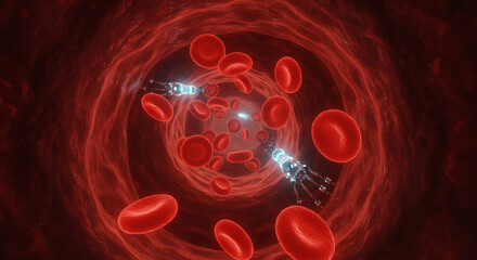 Futuristic nanomedicine concept showing nanobots or microrobots flowing through a blood vessel with red blood cells for advanced medical treatment