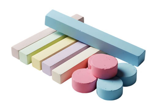 Pastel colored chalk sticks and cylinders isolated on transparent background
