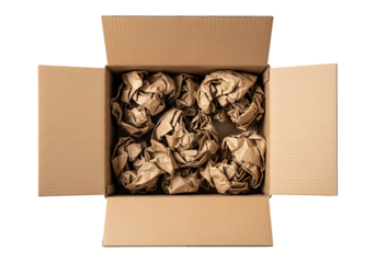 Open cardboard box filled with crumpled paper packing material isolated on transparent background