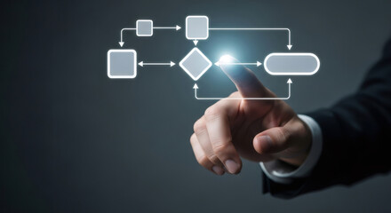 Hand interacting with a glowing digital flowchart, symbolizing decision-making and process optimization.