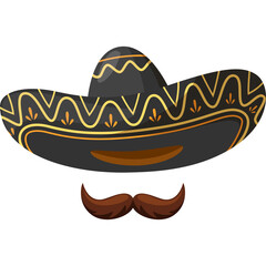 Black Sombrero Hat With Gold Trim And Brown Moustache On A White Background With Transparent Background