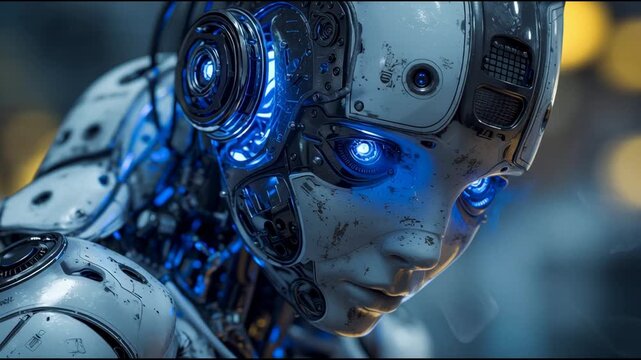 Futuristic Android Face Close-Up with Glowing Blue Eyes. Detailed Sci-Fi Cyborg Portrait.