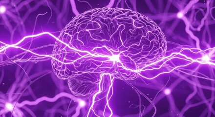 Abstract visualization of a human brain with purple glowing neural connections and electrical impulses, representing thought and cognition