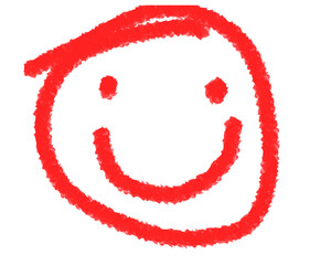 Happy face isolated on transparent background, drawn with red crayon on white paper